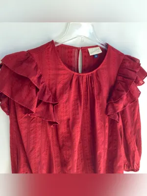 Deep red billowy sleeves ruffle shoulder blouse fall prairie boho peasant top L thumbnail 3