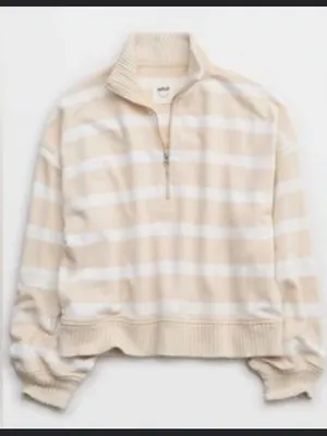 aerie Beige and White Striped Quarter-Zip Sweater thumbnail 10