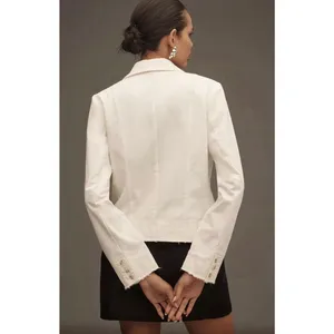 Pilcro by Anthropologie Fray Hem Blazer Ivory Double-Breasted Oversize Size XS thumbnail 3