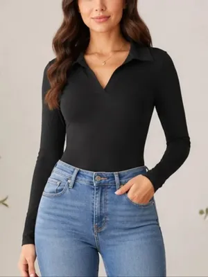 Abercrombie & Fitch Ribbed Polo Long Sleeve Bodysuit Size S Black Preppy Capsule thumbnail 1