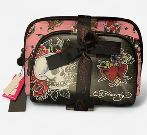 Ed Hardy 2-Piece Pink & Black Tattoo Print Cosmetic Set with Ribbon thumbnail 1