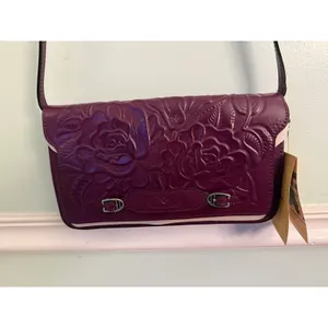 Patricia Nash Monta Leather Crossbody Clutch‎ Plum Small Size Purse Tooled thumbnail 7