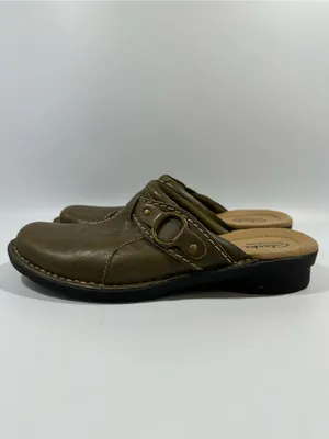 Clarks Bendables Olive Green Crinkle Leather Buckle Mules 8.5N Narrow thumbnail 5
