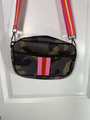 Neoprene Crossbody Bag Camo Green with Pink and Orange Striped Strap thumbnail 2