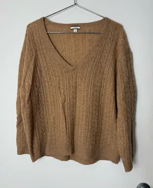 J.Crew light brown, cashmere V-neck cable knit long sleeve sweater L thumbnail 1