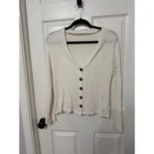 Reformation Jeans Ribbed V-Neck Cardigan Top Ivory White Long Sleeve‎ Small thumbnail 2