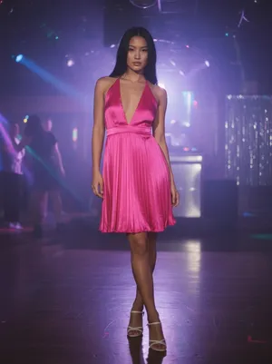 Sincerely Jules satin Deep V Neck Accordion Pleated Hot Pink Satin Dress Xs thumbnail 2