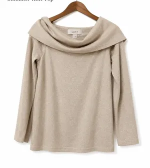 LOFT Shimmer Knit Off Shoulder Top Beige Long Sleeve Cowl Neck Size Large thumbnail 1