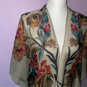 Tan Boho Floral Ruana Longline Shawl Lightweight Wrap thumbnail 16