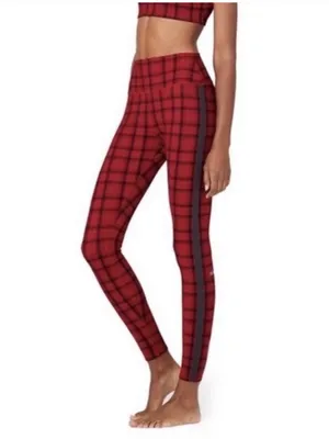 ALO‎ Yoga High Rise Occassion Leggings Red Plaid Reflective Stripe Size XS thumbnail 3
