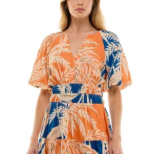 FIG + FLOWER‎ Women Dress Large Tropical Leaf Print Smocked Orange Boho Resort thumbnail 5