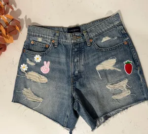 90s midi short Denim Distressed Shorts with Embroidered Patches thumbnail 1