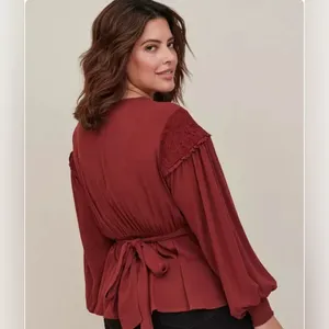 TORRID Crinkle Gauze Lace Inset Surplice Top Tie Wrap in Madder Brown Size 1 thumbnail 3