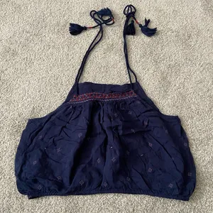 Free People Navy Blue Embroidered Halter Crop‎ Top with Tassels XS thumbnail 1