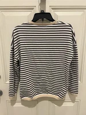 Striped Crewneck Sweater with Contrast Trim - Black & Cream thumbnail 3