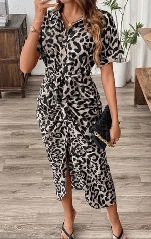 Abstract Print (NOT Animal Print) Short Sleeve Button Down Tie Dress thumbnail 1