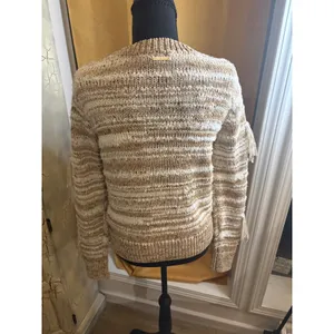 Michael Kors Fringe Striped Knit Sweater Beige White XS Boho Crewneck Pullover thumbnail 4