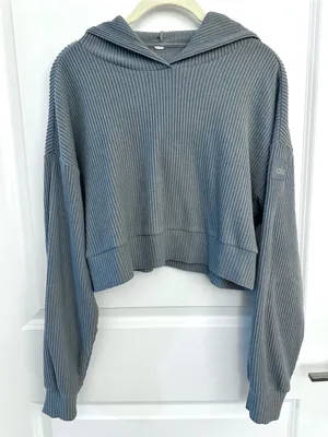 ALO Yoga Muse Ribbed Hoodie Steel Blue Small thumbnail 3