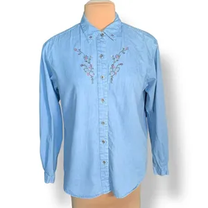 Vintage 90s‎ Embroidered Chambray Denim Shirt Button Down Floral Long Sleeve thumbnail 3