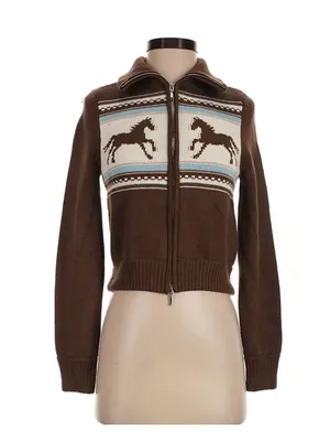 NWT Abercrombie & Fitch Western Horse Cardigan in Brown Crop Sweater XS thumbnail 3