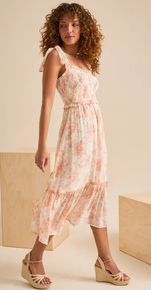 Altar’d State Peach Orange Floral Tie-Shoulder Smocked Midi Dress Medium thumbnail 1