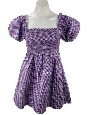 Hill House Athena Nap Purple Floral Smocked Puff Sleeve Mini A-Line Dress Sz XXS thumbnail 1