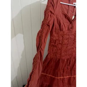 Runway 101 Terracotta Rust Cotton Smocked Tiered Midi Dress Boho Lace Trim M thumbnail 5
