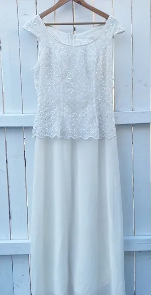 Poly USA Maxi Dress Large‎ White Embroidered Sequin Cap Sleeve Formal Gown 2308 thumbnail 1