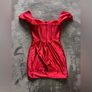 STACEES Red Hot Silky Formal Mini Dress Corset Off Shoulder Designer Sz 0 EUC thumbnail 5