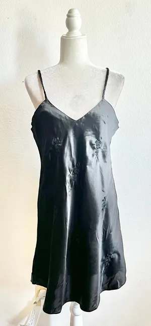 Vintage Erika Taylor Intimates Black Satin Nightgown Large Floral Slip Dress 90s thumbnail 1