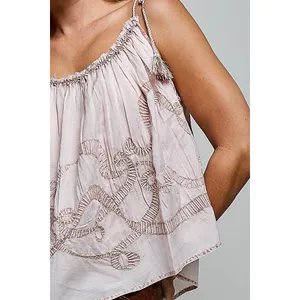 POL Tassel Shoulder Tie Embroidered Sleeveless Woven Top - Rose Pink - Large thumbnail 6