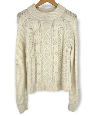 J.Crew | Medium | Cream White Pom Pom Cable Knit Sweater Lambswool Blend thumbnail 4