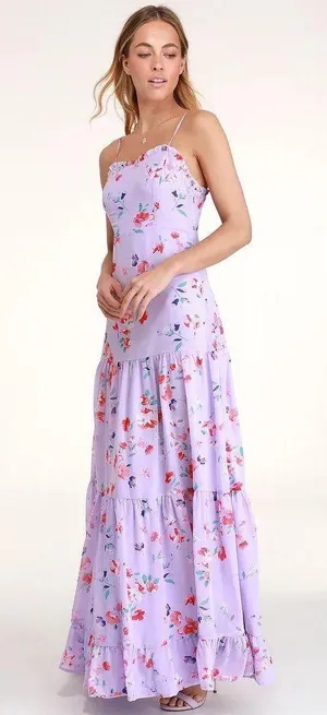 Lulus Melissa Lavender Floral Print Tiered Maxi Dress thumbnail 1