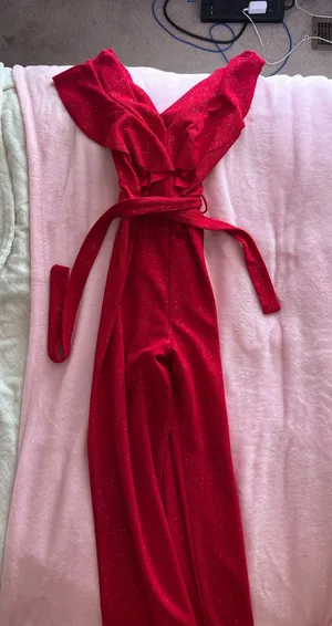 Quiz Red Sparkly Jumpsuit Self Tie Belt thumbnail 1