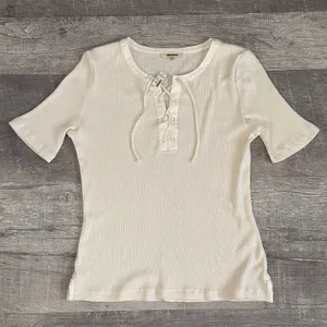 Madewell NEW Ribbed Lace Up Tee Shirt Womens L Short Sleeve Ivory White FLAW thumbnail 1