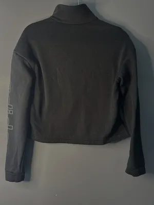 Adidas Womens M Cropped Quarter Zip Sweatshirt Black Logo Sleeve Pullover thumbnail 3