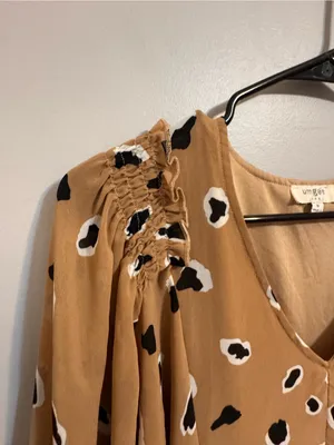 Umgee USA Leopard Print Babydoll Dress Medium Tan Black Boho V Neck thumbnail 5