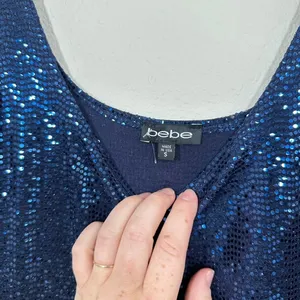 Bebe Women's Size Small Navy Blue Sequin Scoop Neck Maxi Dress Side Slit Party thumbnail 7