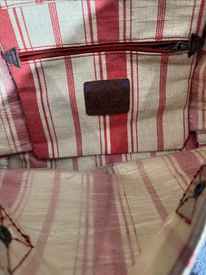 Striped Red and Cream Canvas Tote with Brown Handles thumbnail 5