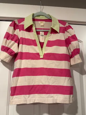 Maeve Pink and Cream Striped Puff-Sleeve Polo with Light Green Collar S thumbnail 2