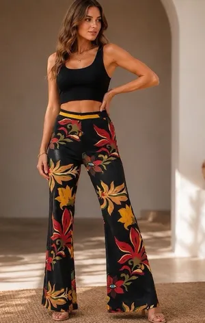 Farm Rio x Anthropologie Floral Calla Flared Pant Retro Bohemian Sz XS 💛🍄 thumbnail 1
