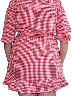 Red gingham mini dress. White thumbnail 3