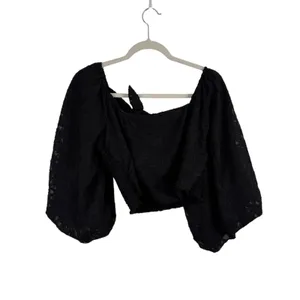 Mustard Seed Black Crop Smocked Blouse Balloon‎ Sleeve Witchygoth Womens Medium thumbnail 2