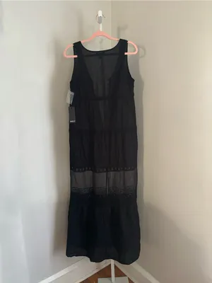 Crochet-Trim Tiered Black Maxi Dress Sheer Panel Boho Cottage Whimsigoth Sz Med thumbnail 3