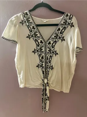 Max Studio Cream Short-Sleeve Tie-Front Blouse with Black Floral Embroidery thumbnail 1