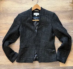 Calvin Klein Metallic Bouclé Tweed Open Front Blazer Black 2 thumbnail 1