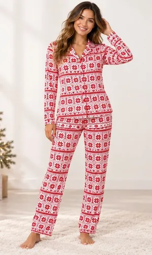 BH PJs BedHead Pajamas Womens Medium Red White Fair Isle Holiday Pajama Set NEW thumbnail 1