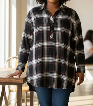 Alexander Jordan Womens Plus‎ Sz 1X Half Button Plaid Shirt Black Green Long Slv thumbnail 1