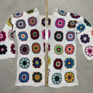 Granny Square Handmade Crochet Cardigan Woolen Knit Colorful Homemade SZ Medium thumbnail 3