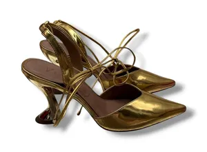Vicenza Gold Metallic Sculptural Heel Pumps 39‎ Lace Up Pointed Toe Statement thumbnail 1